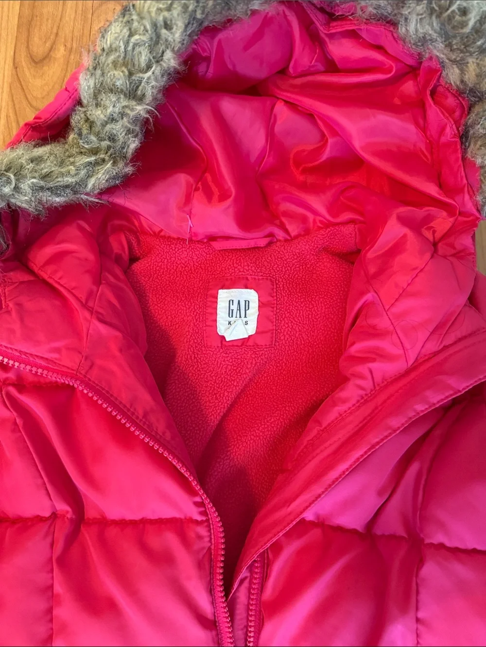 GAP Bright Pink Quilted Hooded Puffer with Faux Fur Trim